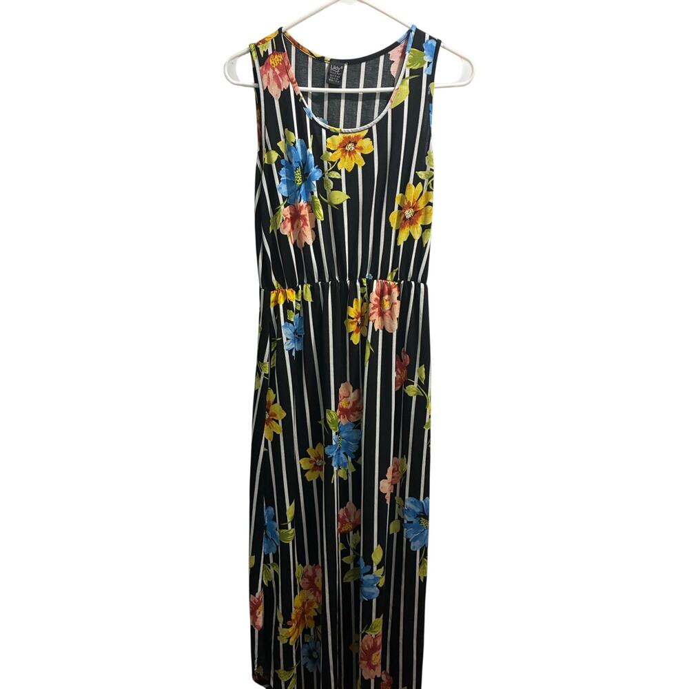 Lildy Maxi Dress Womens Size L/XL Black White Striped Floral Sleeveless Stretch